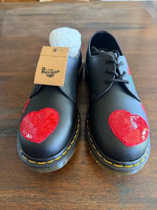 Dr. Martens Shoes - Dr. Martens Black Leather Lace-Up Flats with Red Sequin Hearts